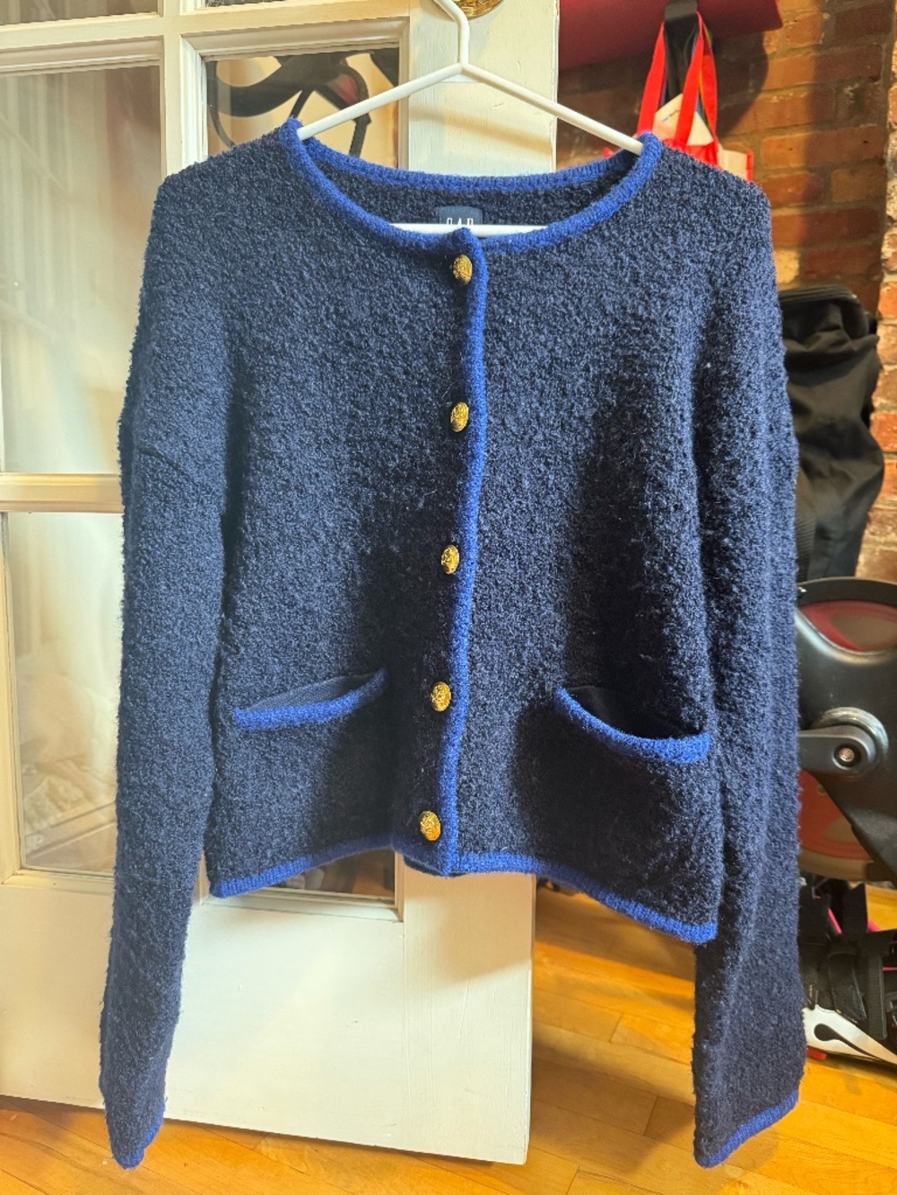 GAP Navy Bouclé Cardigan with Gold Buttons